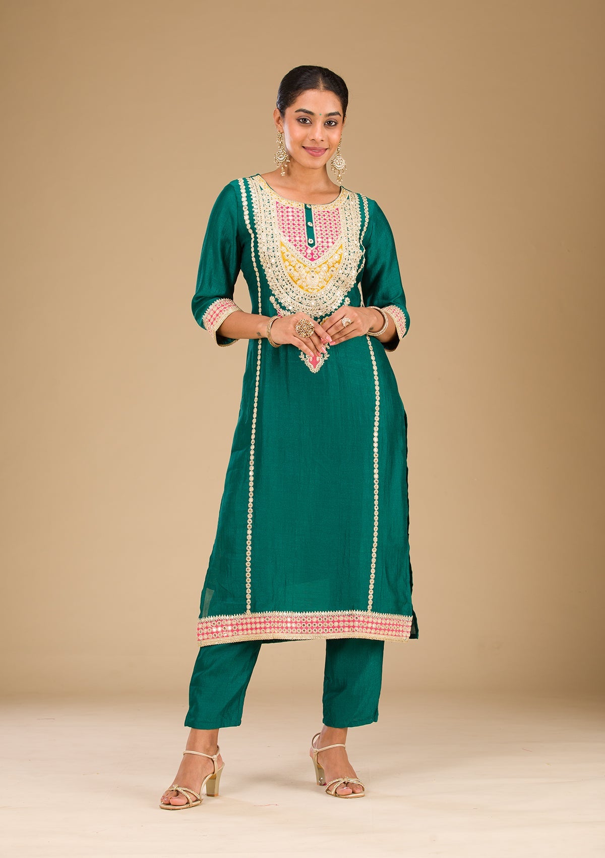 Rama Green Zariwork Semi Crepe Readymade Salwar Suit-Koskii