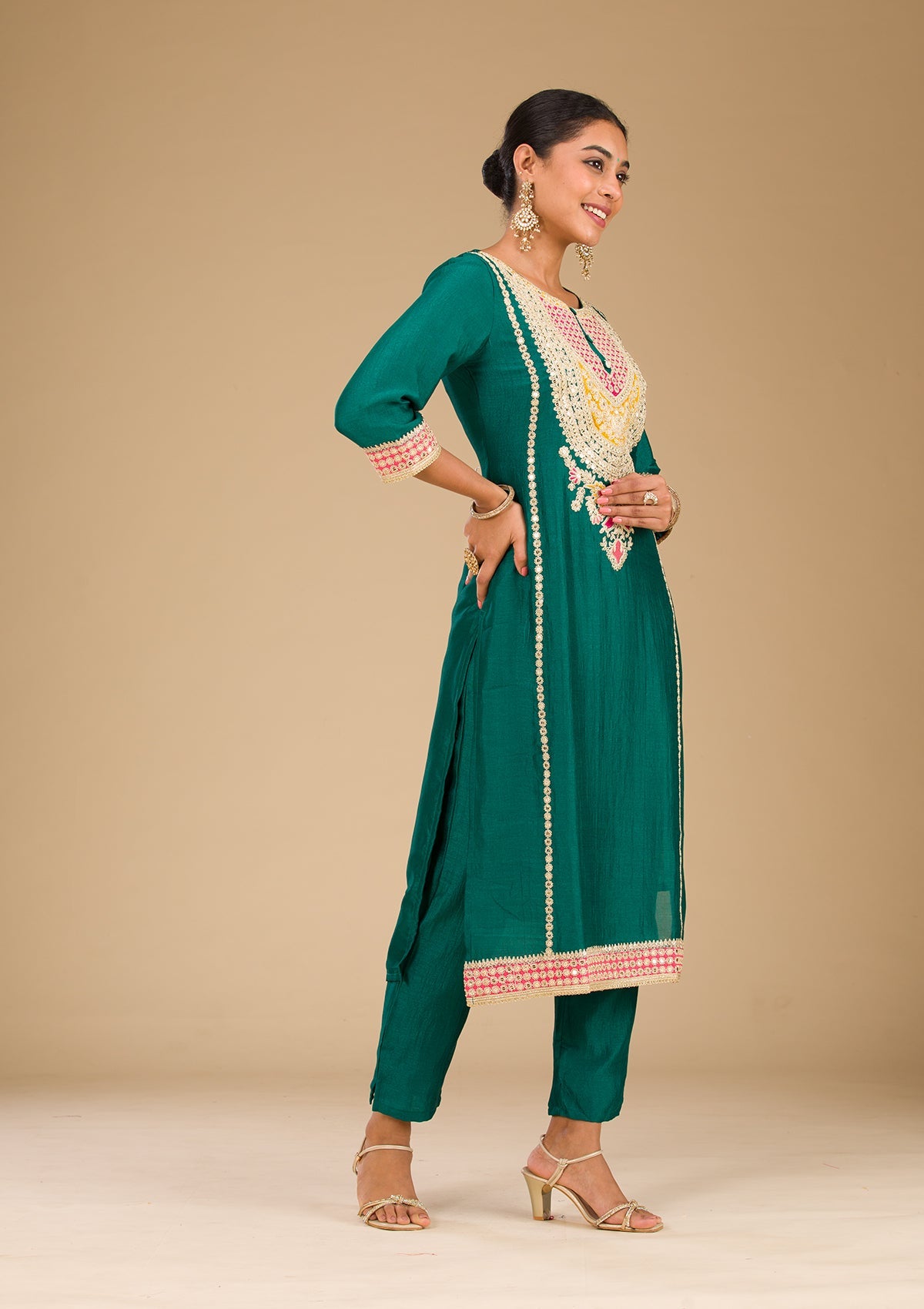 Rama Green Zariwork Semi Crepe Readymade Salwar Suit-Koskii