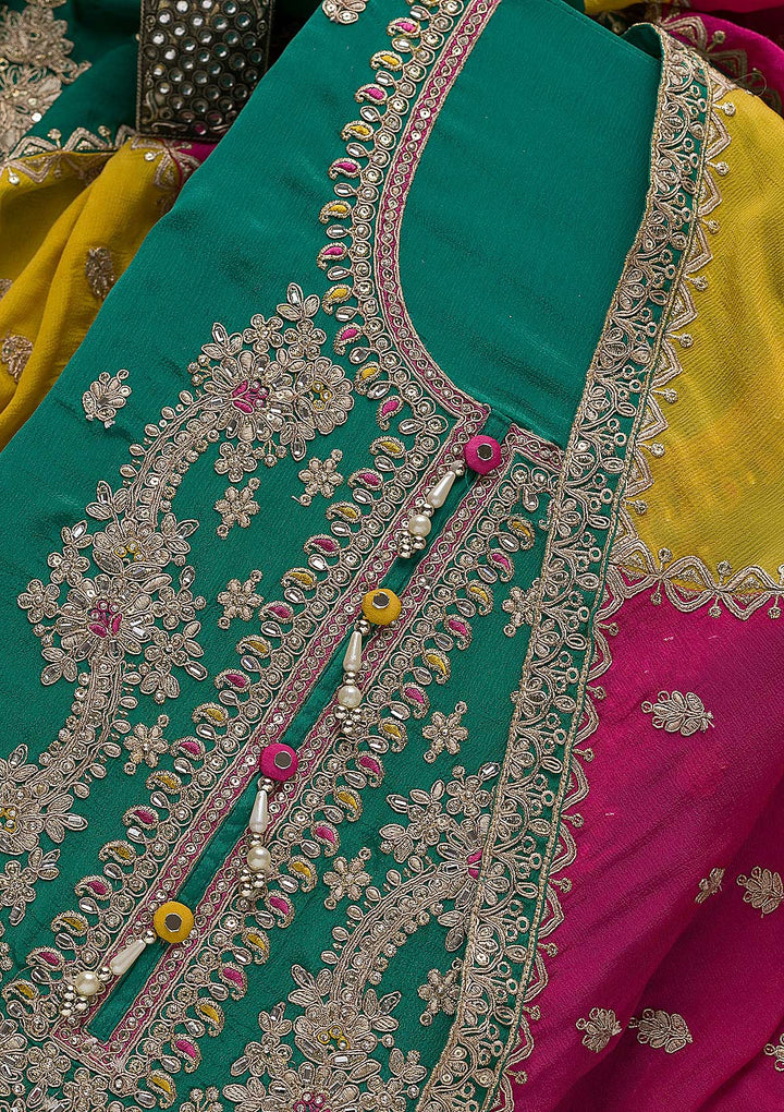 Rama Green Zariwork Semi Crepe Unstitched Salwar Suit-Koskii