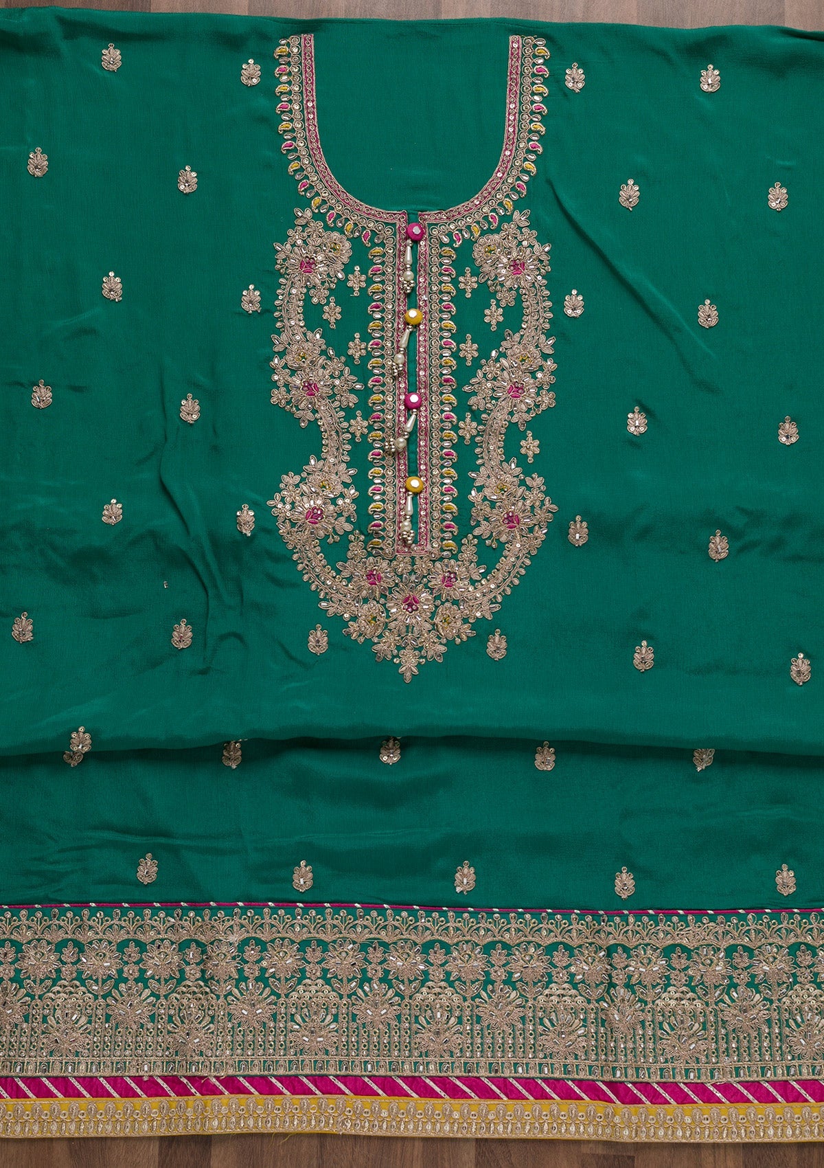 Rama Green Zariwork Semi Crepe Unstitched Salwar Suit-Koskii