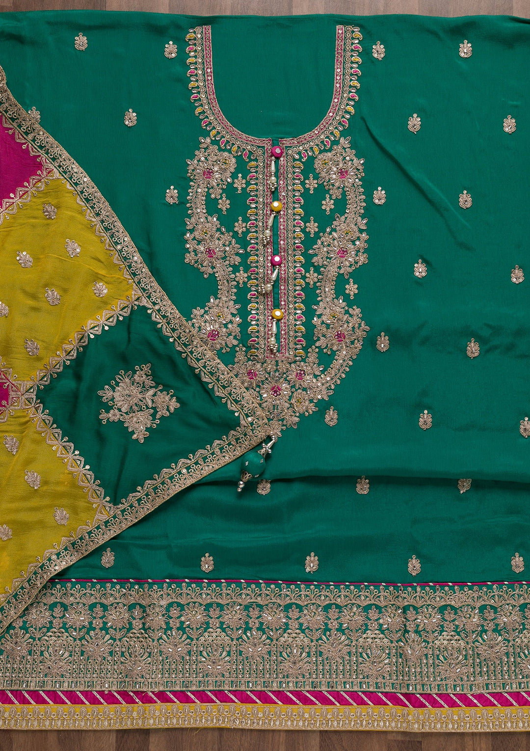 Rama Green Zariwork Semi Crepe Unstitched Salwar Suit-Koskii