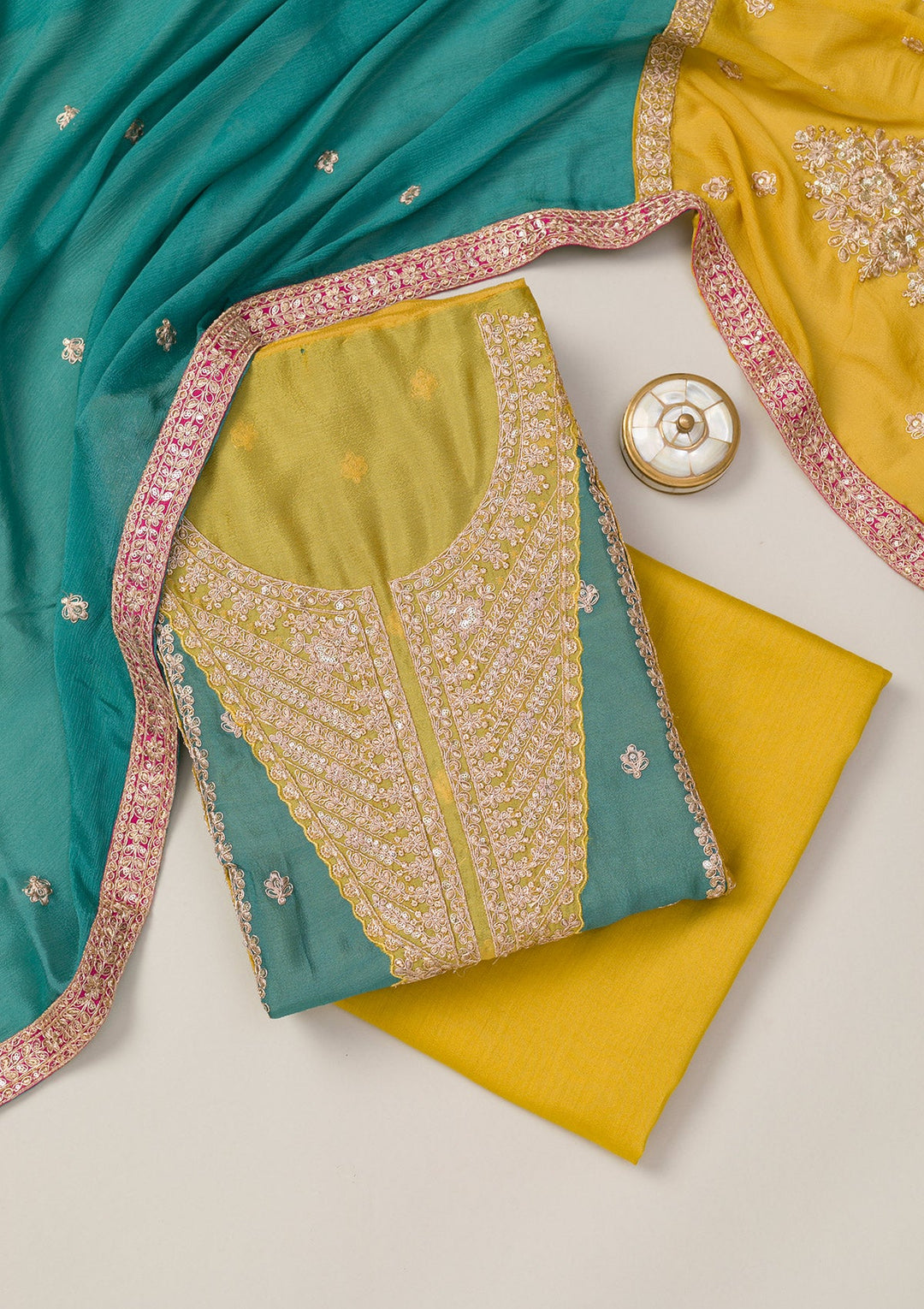 Rama Green Zariwork Semi Crepe Unstitched Salwar Suit-Koskii