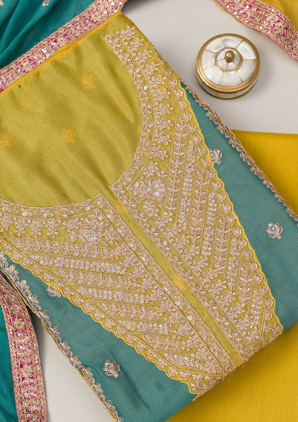 Rama Green Zariwork Semi Crepe Unstitched Salwar Suit-Koskii