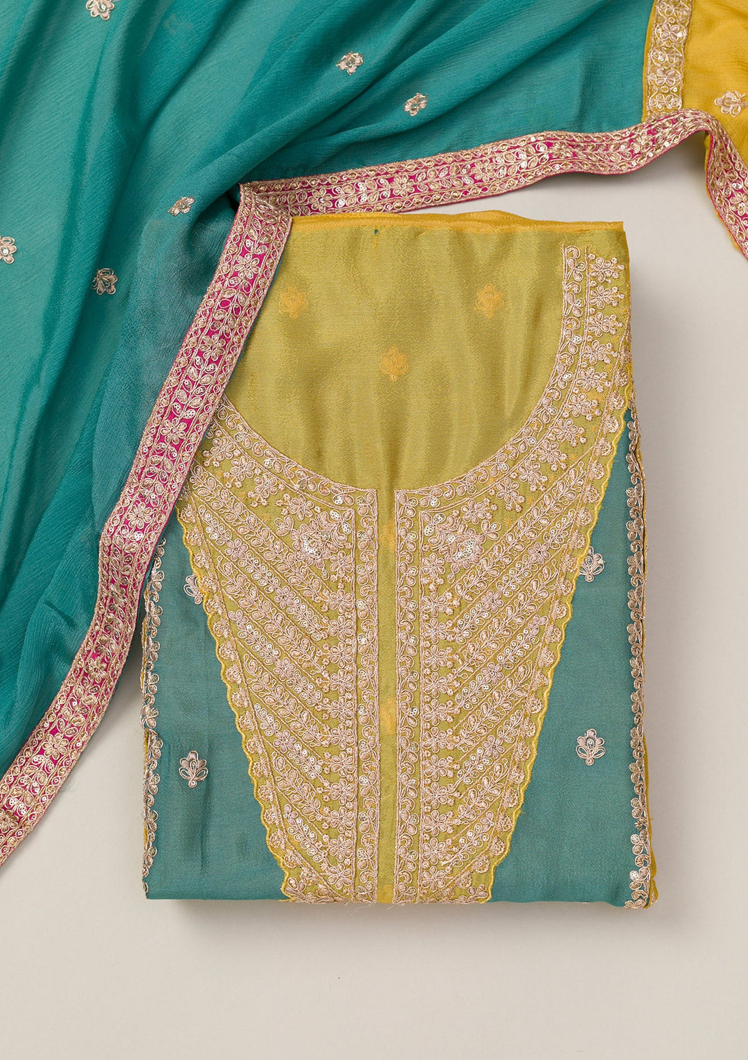 Rama Green Zariwork Semi Crepe Unstitched Salwar Suit-Koskii