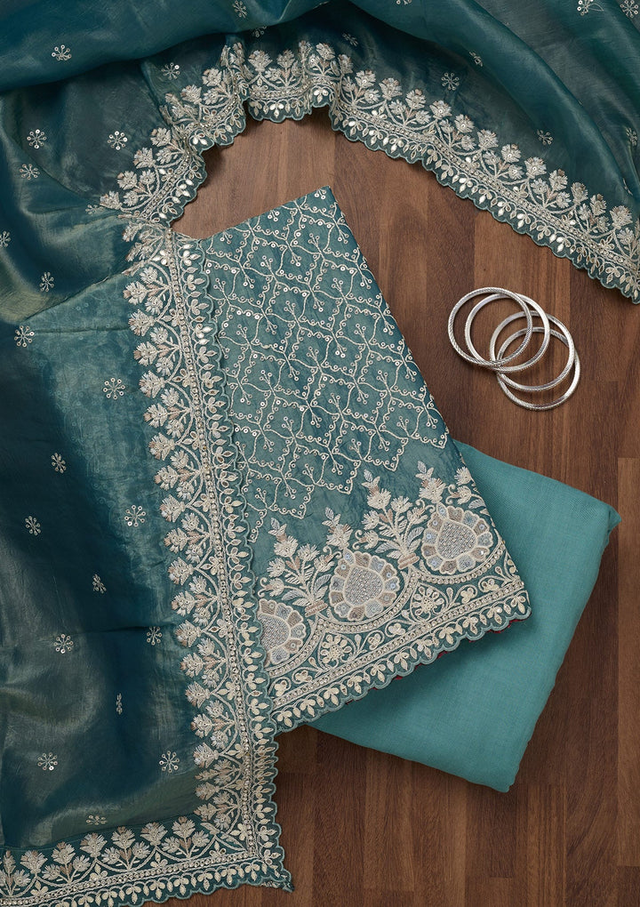 Rama Green Zariwork Semi Crepe Unstitched Salwar Suit-Koskii