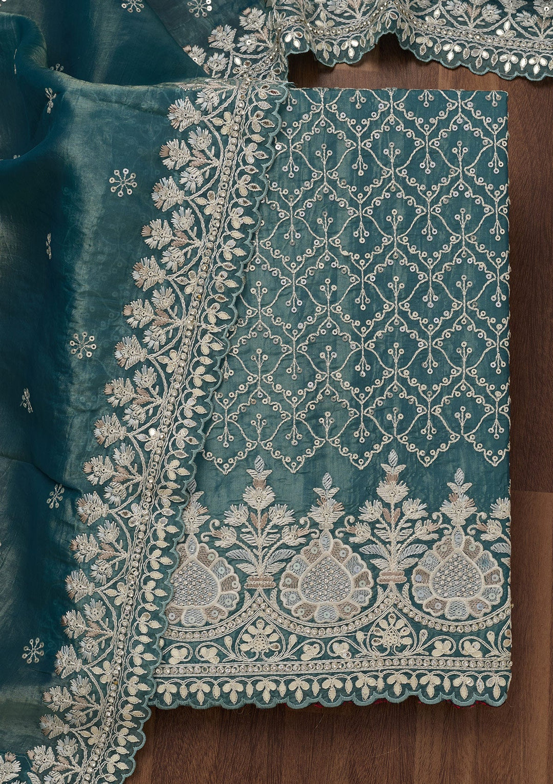 Rama Green Zariwork Semi Crepe Unstitched Salwar Suit-Koskii