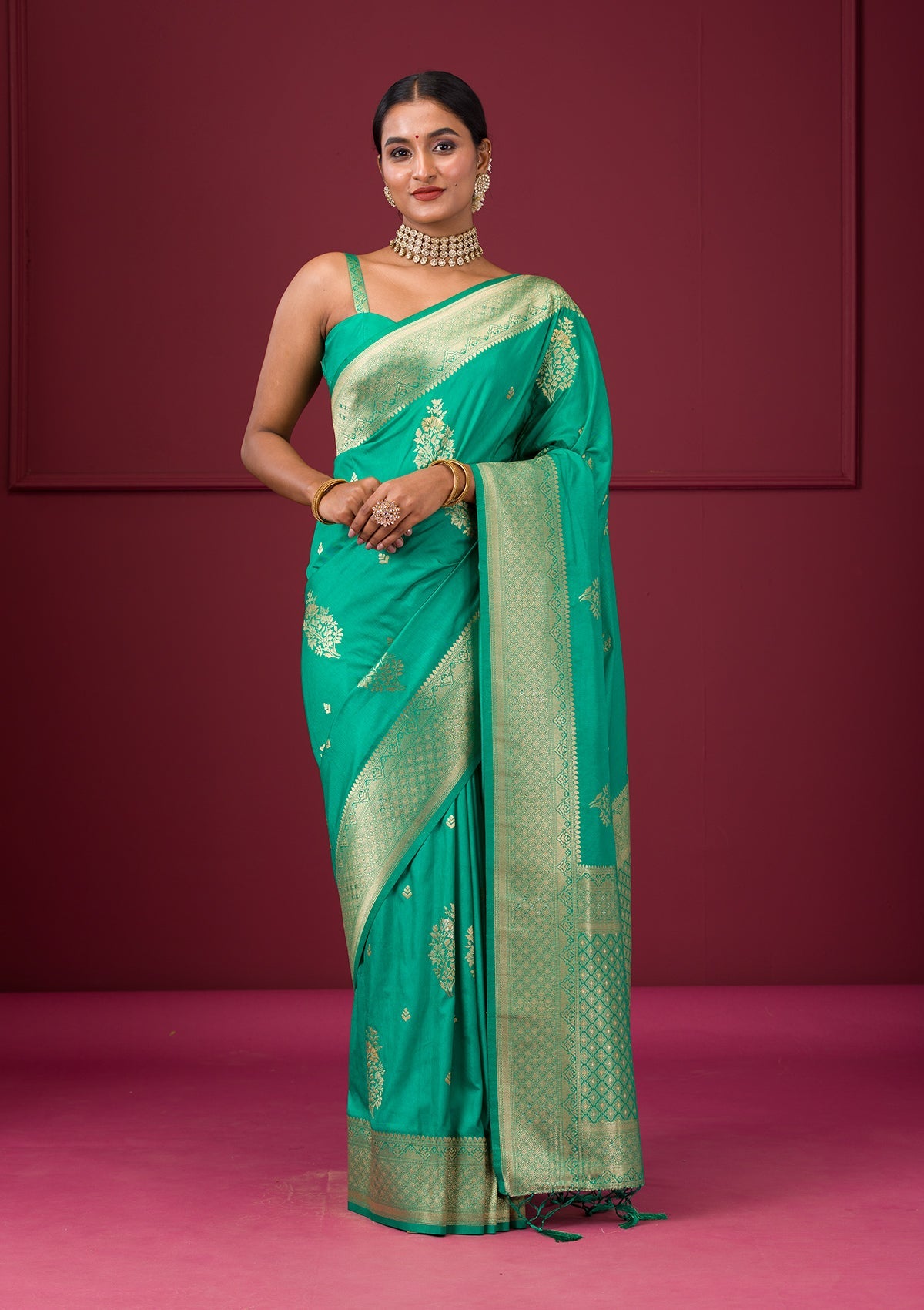 Rama Green Zariwork Soft Silk Saree-Koskii