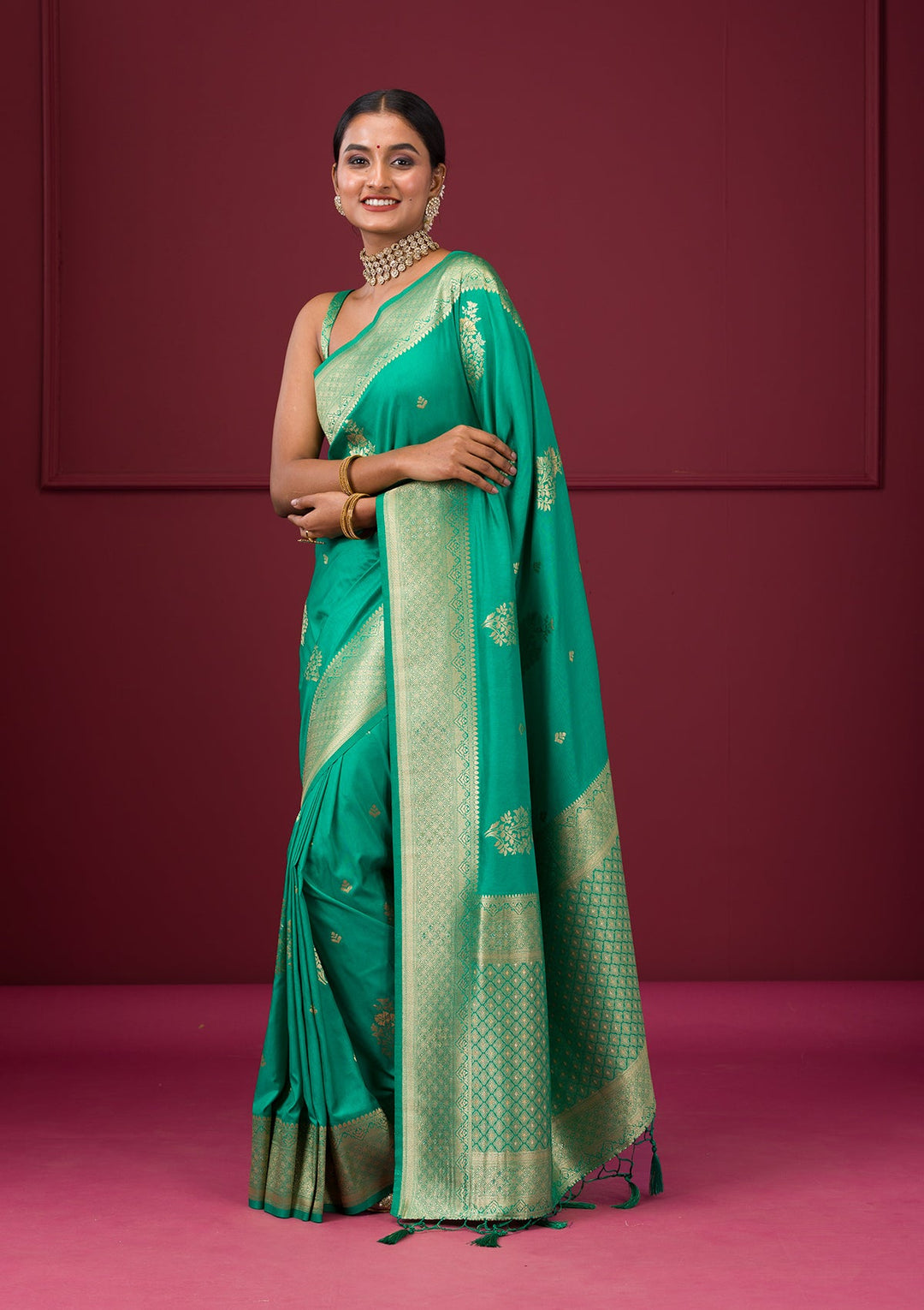 Rama Green Zariwork Soft Silk Saree-Koskii