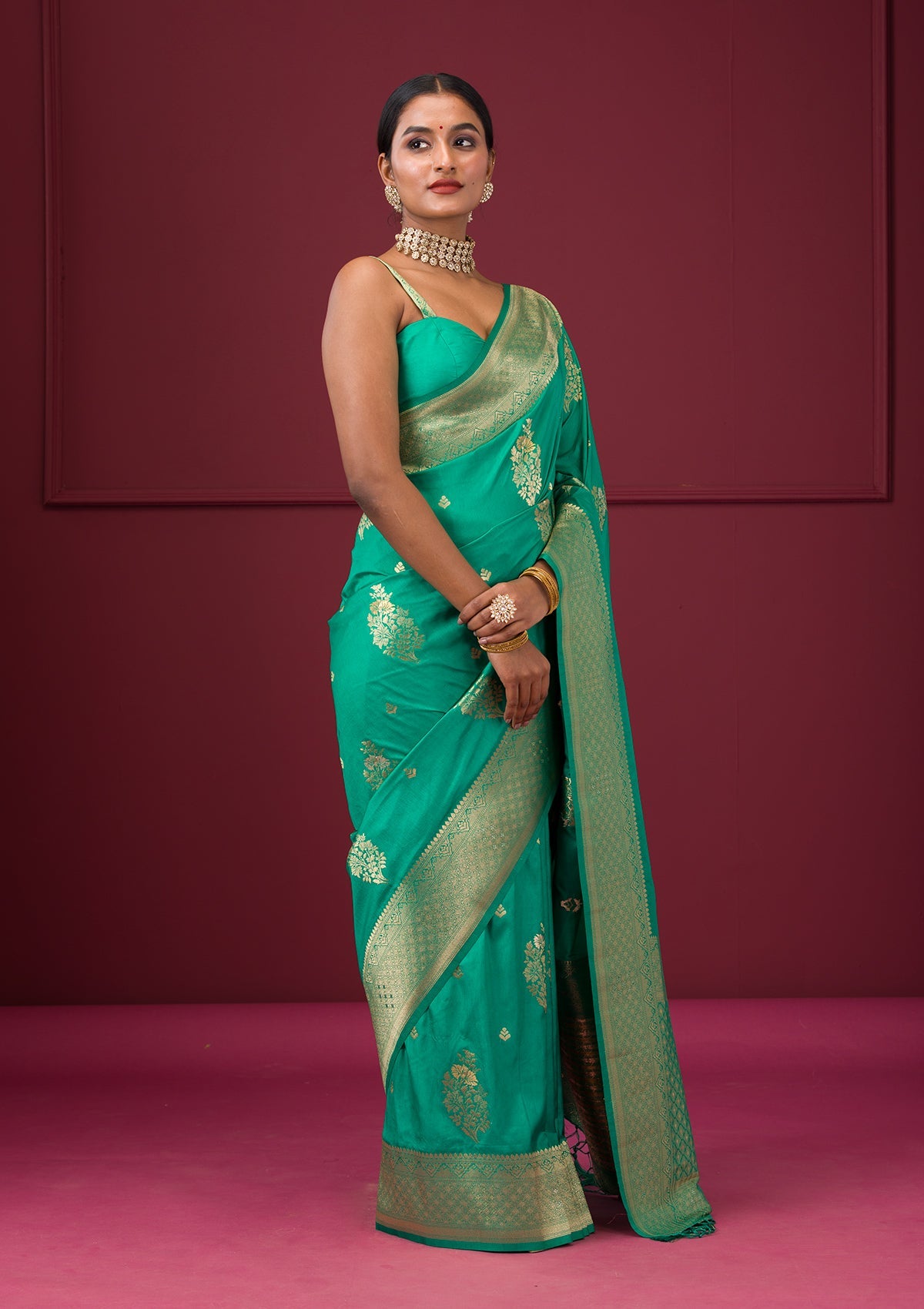 Rama Green Zariwork Soft Silk Saree-Koskii