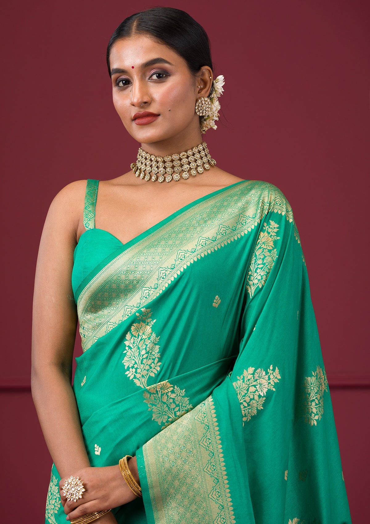 Rama Green Zariwork Soft Silk Saree-Koskii