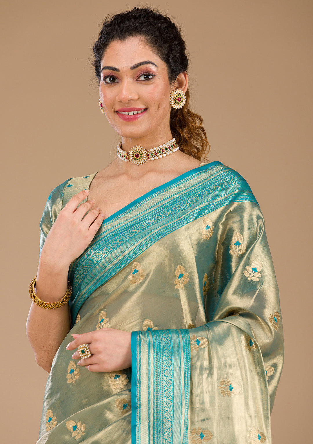 Rama Green Zariwork Tissue Saree