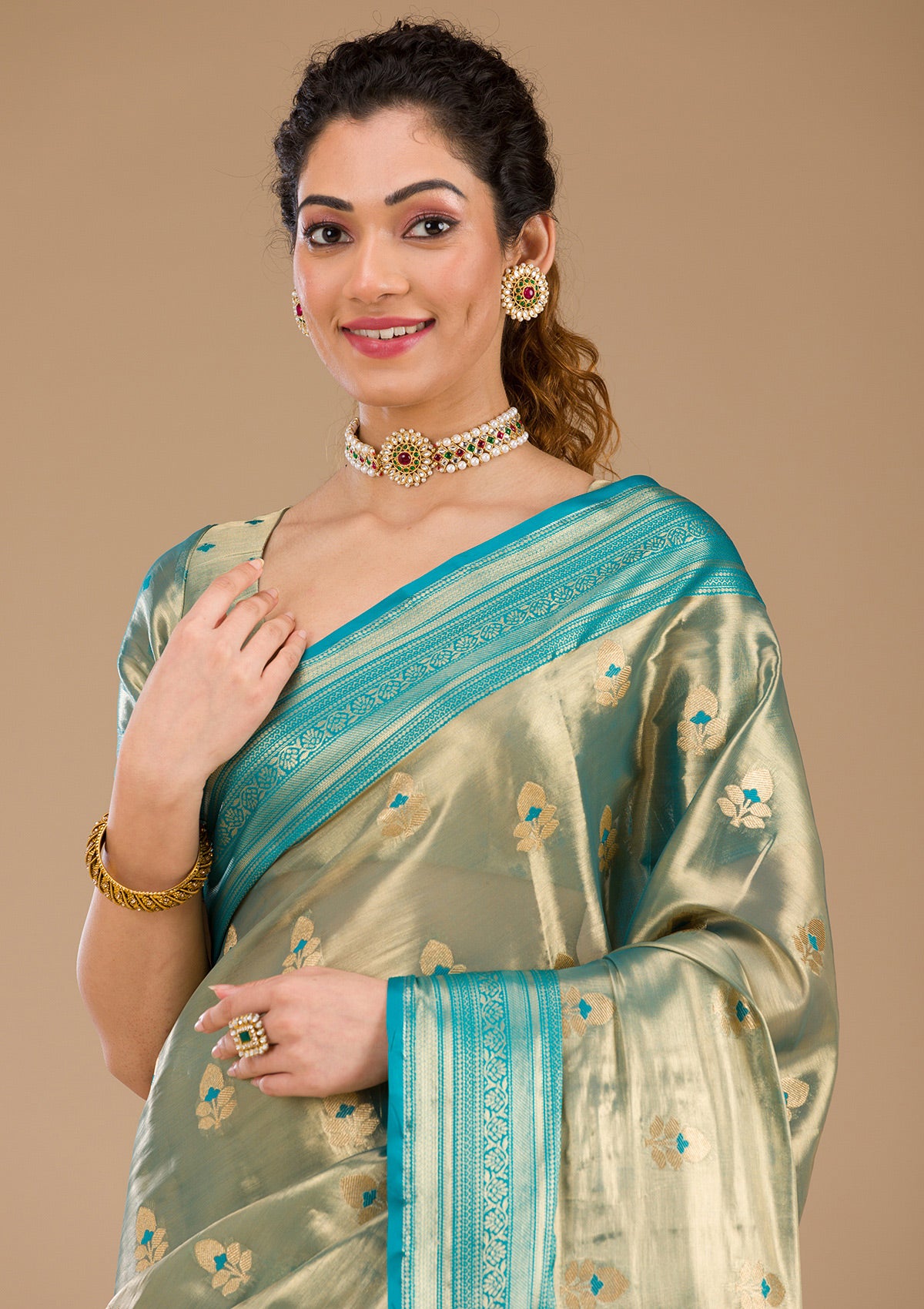 Rama Green Zariwork Tissue Saree