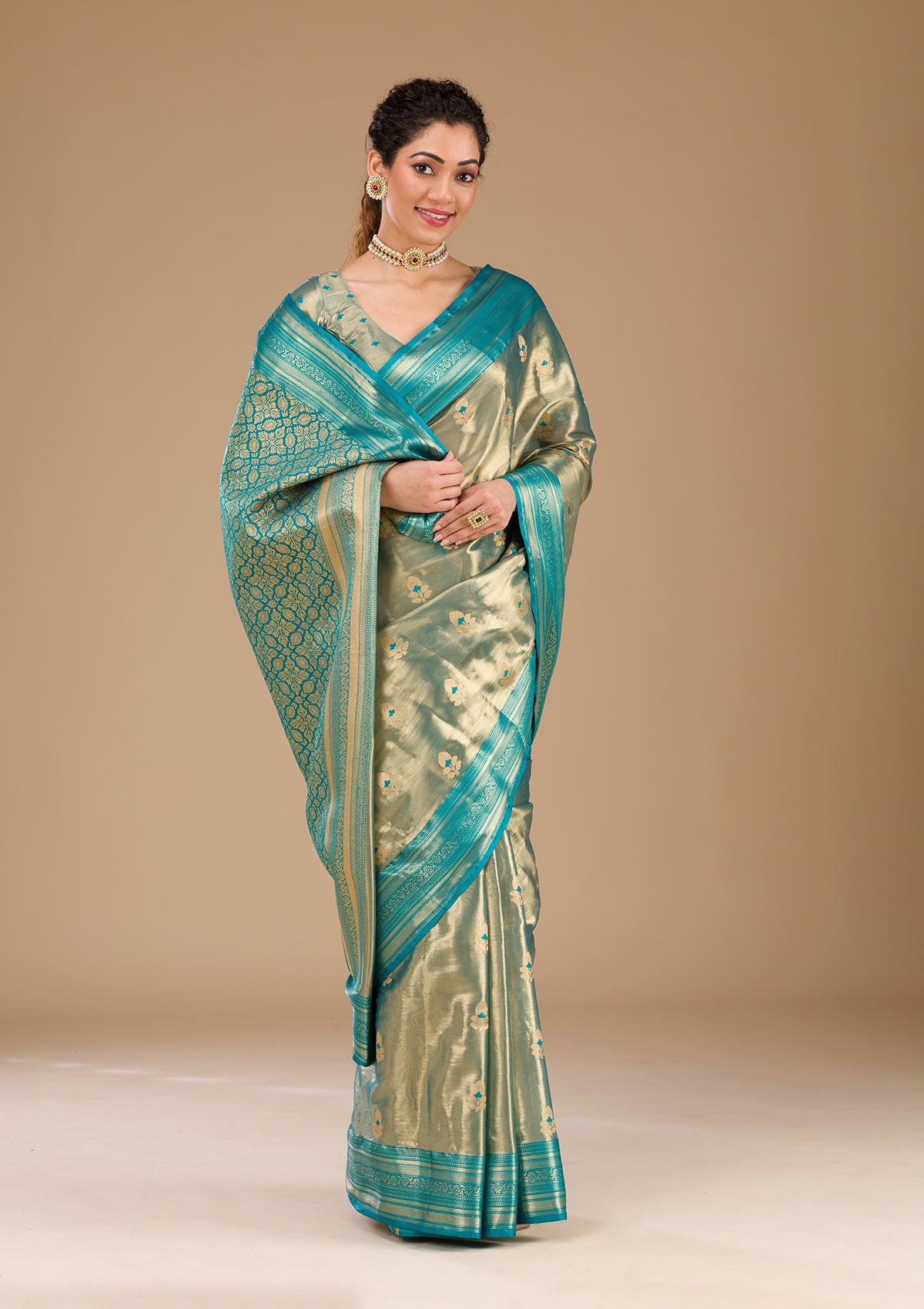 Rama Green Zariwork Tissue Saree