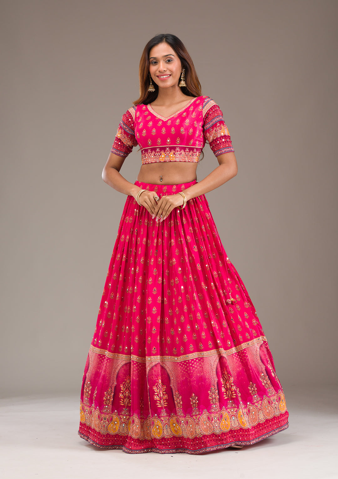 Rani Pink Mirrorwork Satin Readymade Lehenga