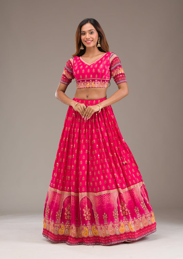 Rani Pink Mirrorwork Satin Readymade Lehenga