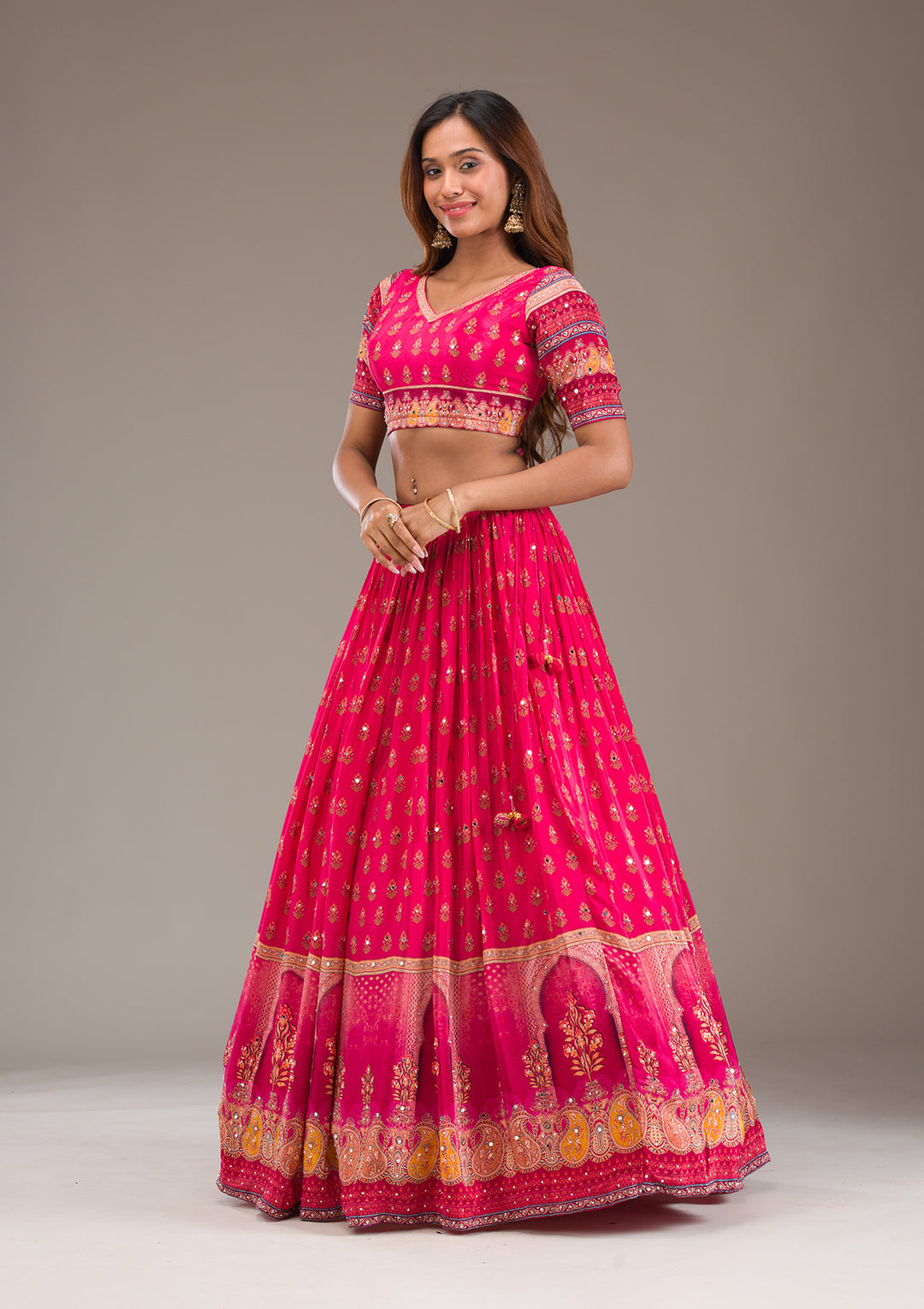 Rani Pink Mirrorwork Satin Readymade Lehenga
