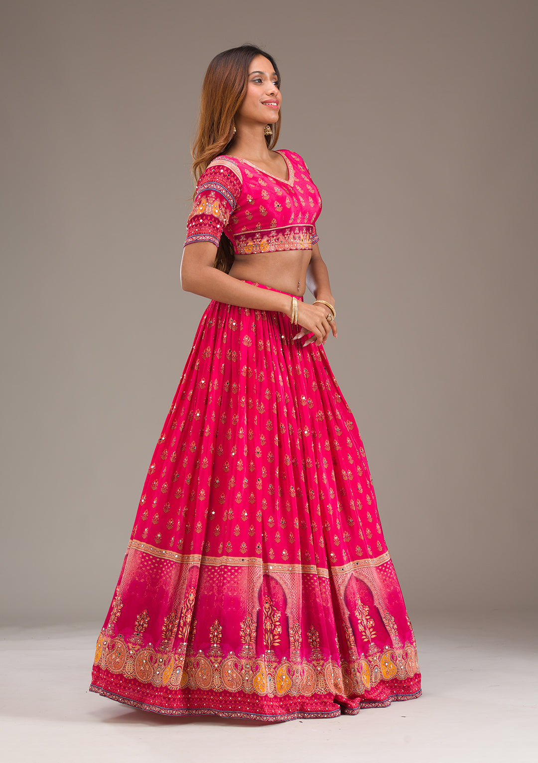Rani Pink Mirrorwork Satin Readymade Lehenga