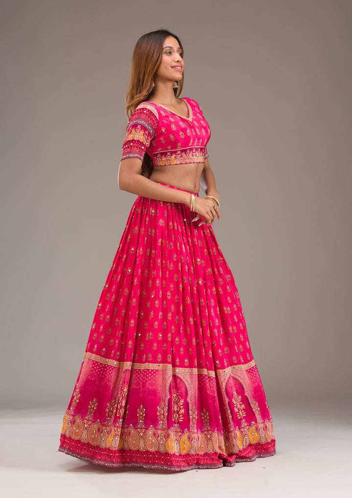 Rani Pink Mirrorwork Satin Readymade Lehenga