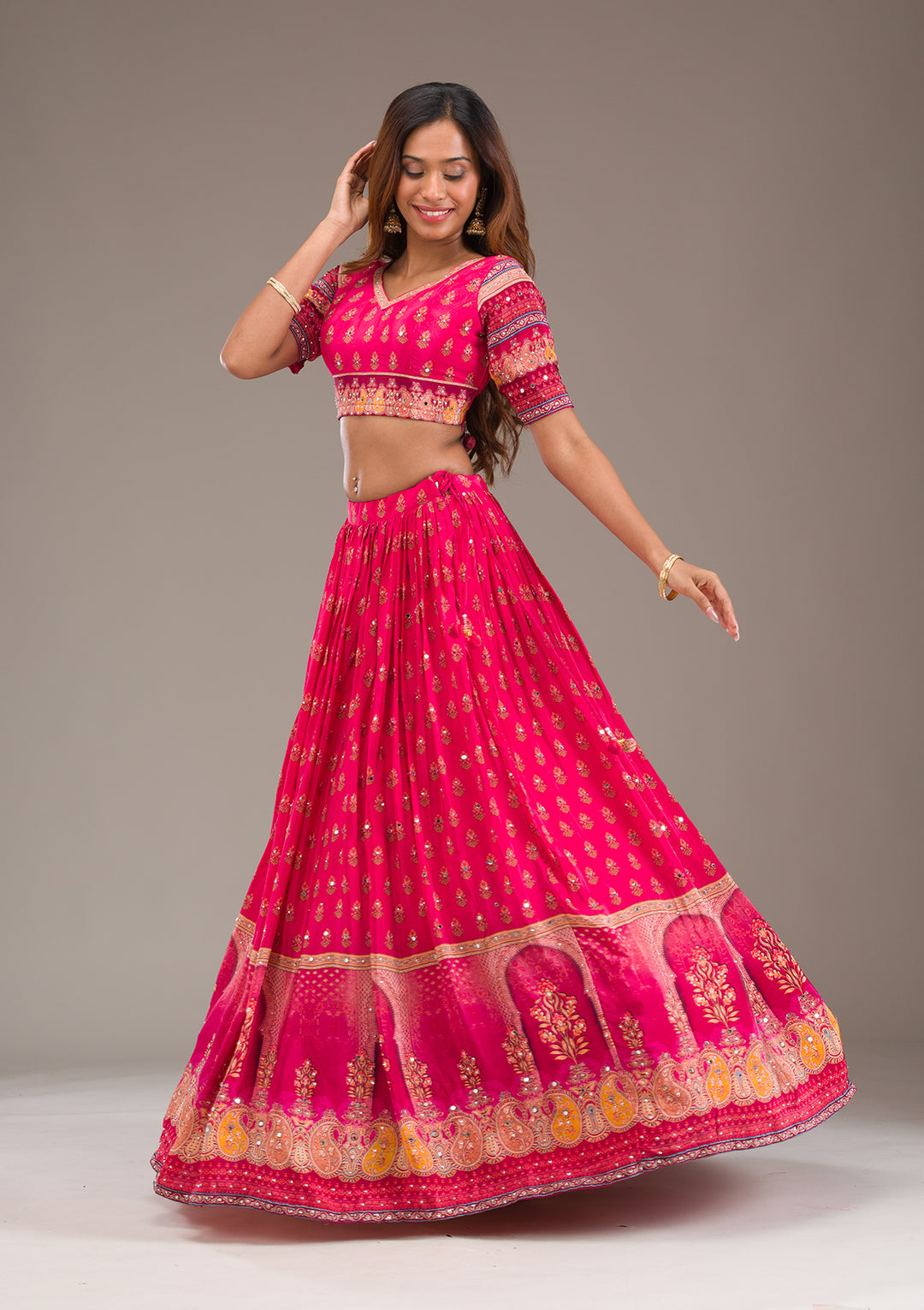 Rani Pink Mirrorwork Satin Readymade Lehenga