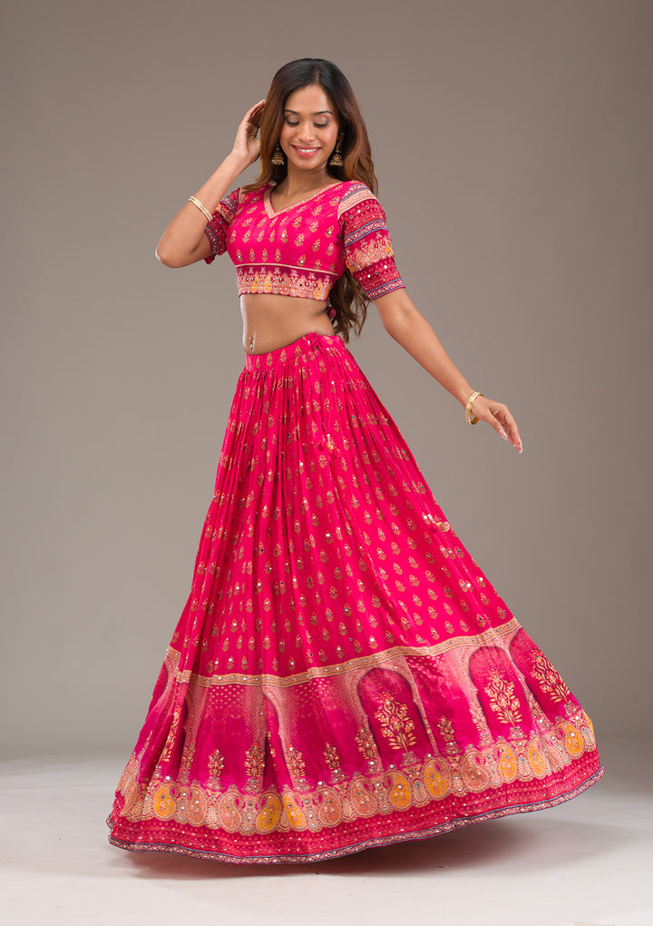 Rani Pink Mirrorwork Satin Readymade Lehenga