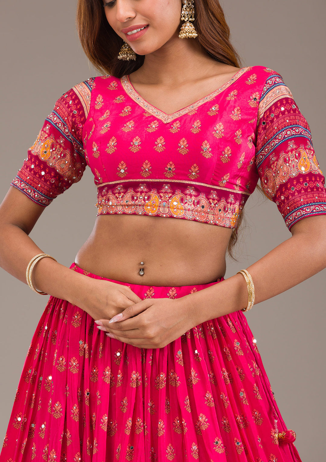 Rani Pink Mirrorwork Satin Readymade Lehenga