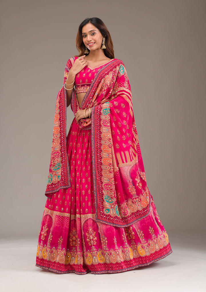 Rani Pink Mirrorwork Satin Readymade Lehenga