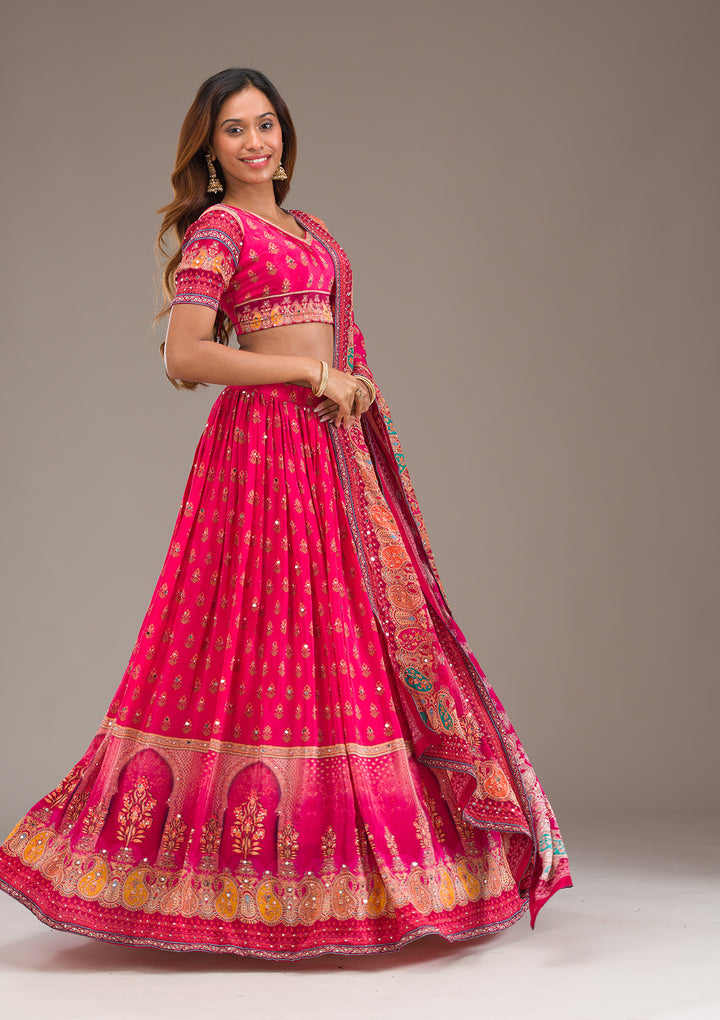 Rani Pink Mirrorwork Satin Readymade Lehenga