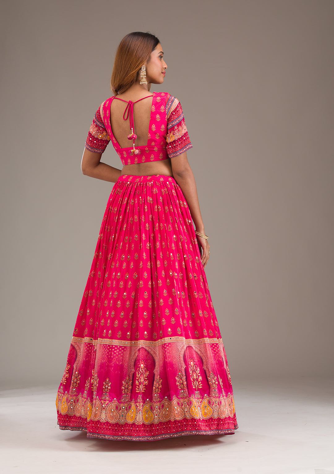 Rani Pink Mirrorwork Satin Readymade Lehenga