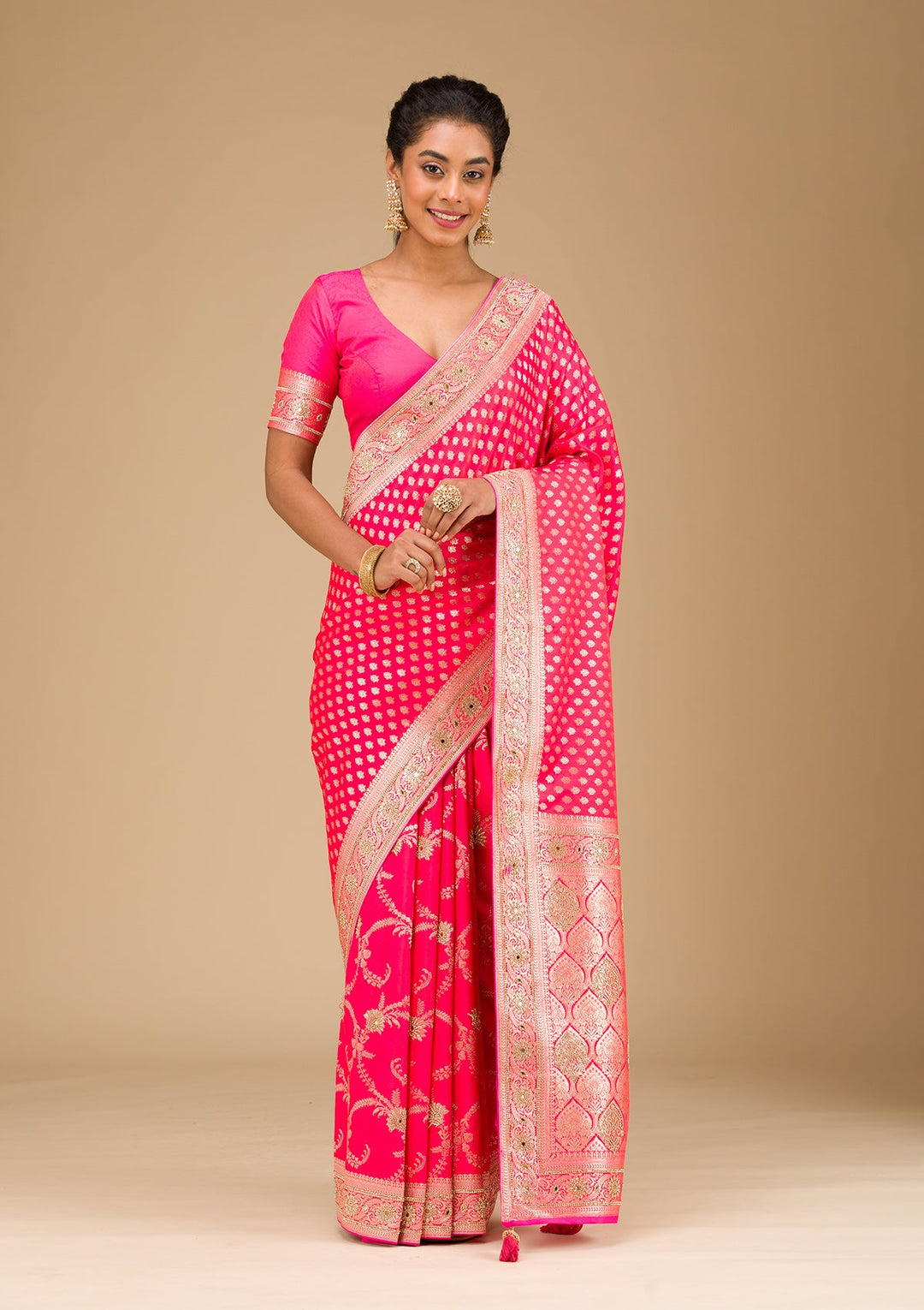 Rani Pink Stonework Art Silk Saree-Koskii
