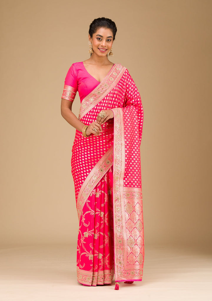 Rani Pink Stonework Art Silk Saree-Koskii
