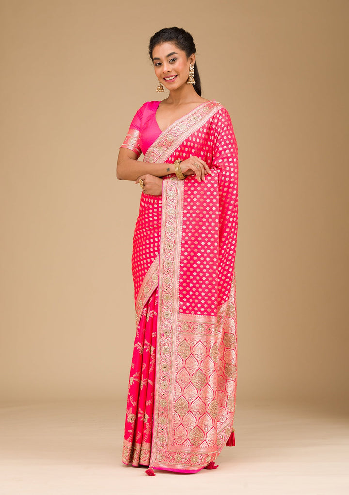 Rani Pink Stonework Art Silk Saree-Koskii