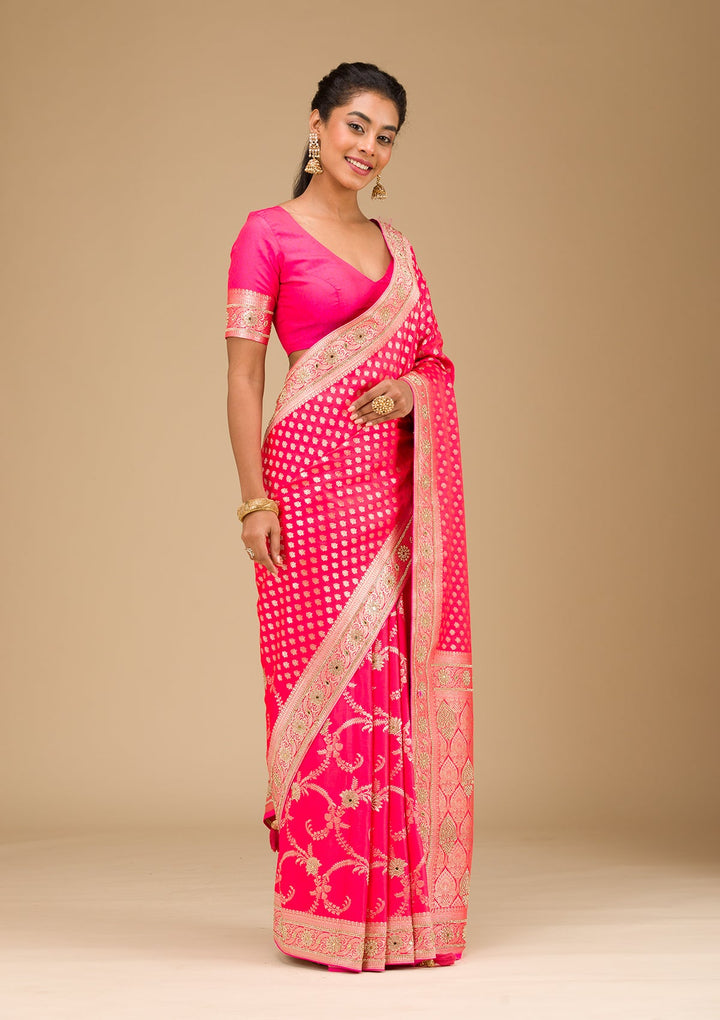 Rani Pink Stonework Art Silk Saree-Koskii