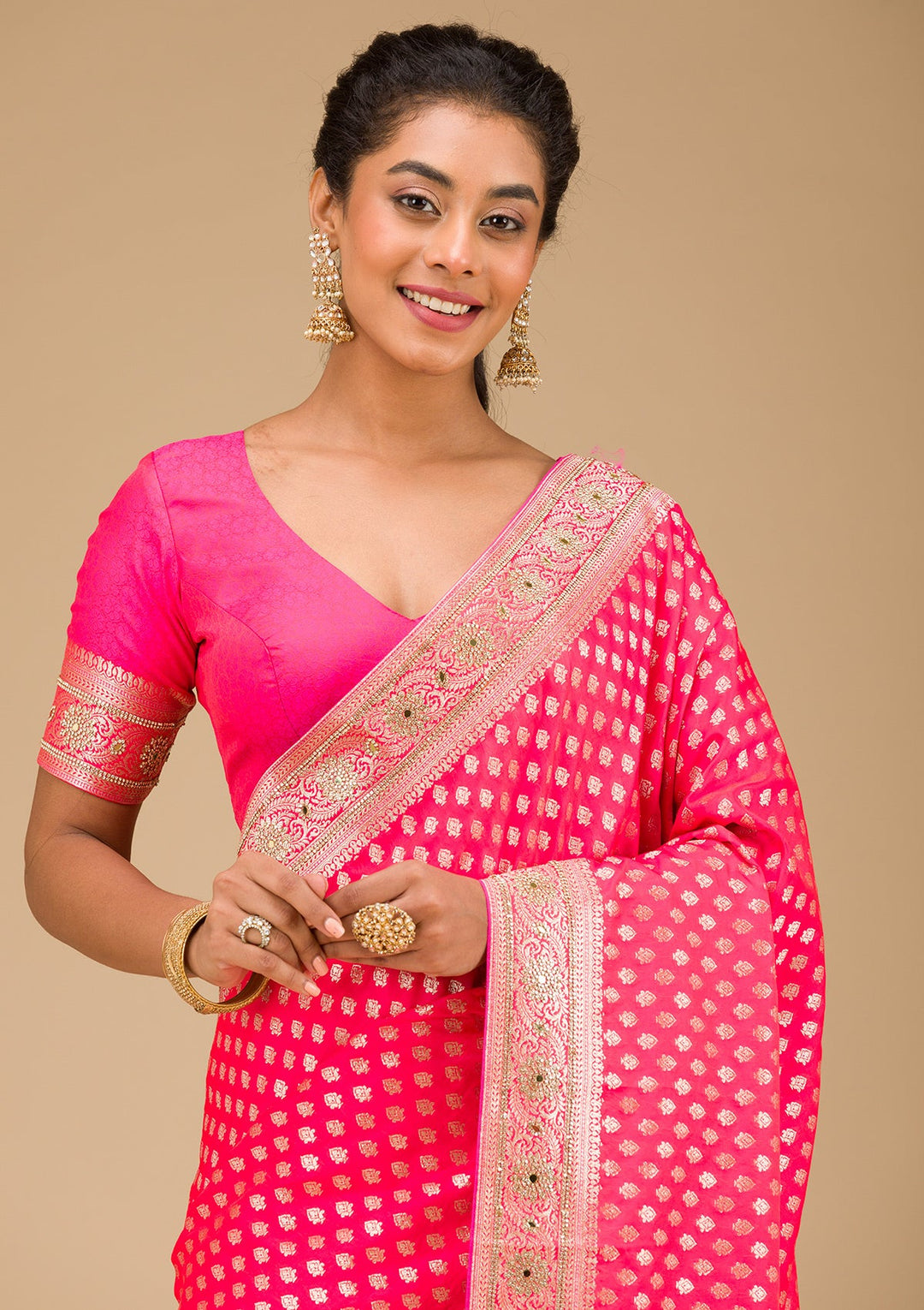 Rani Pink Stonework Art Silk Saree-Koskii