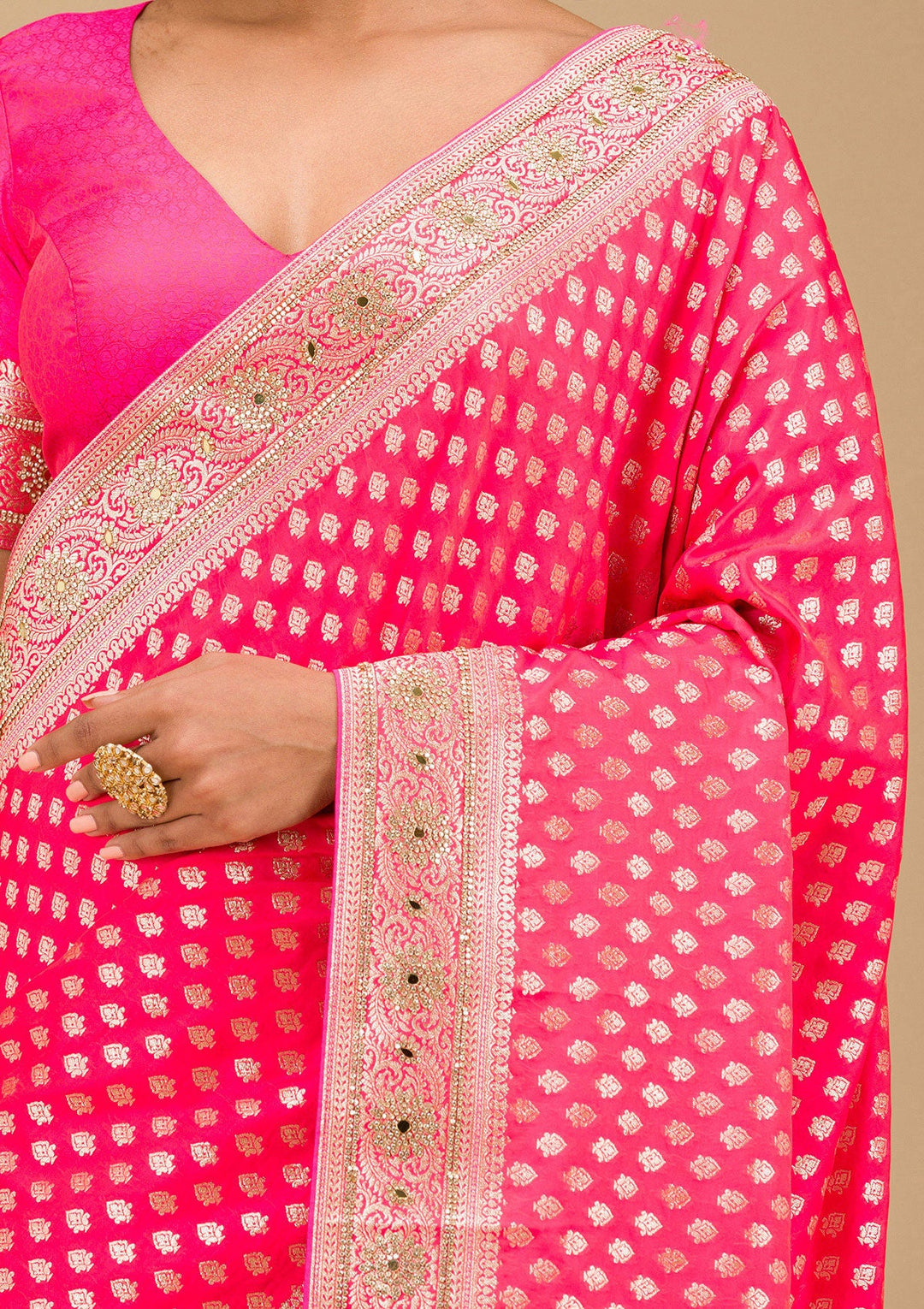 Rani Pink Stonework Art Silk Saree-Koskii