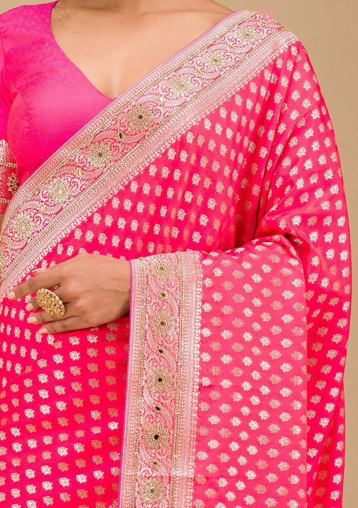 Rani Pink Stonework Art Silk Saree-Koskii