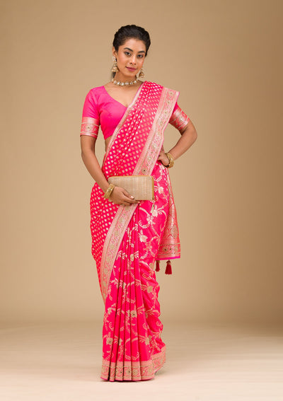 Rani Pink Stonework Art Silk Saree-Koskii