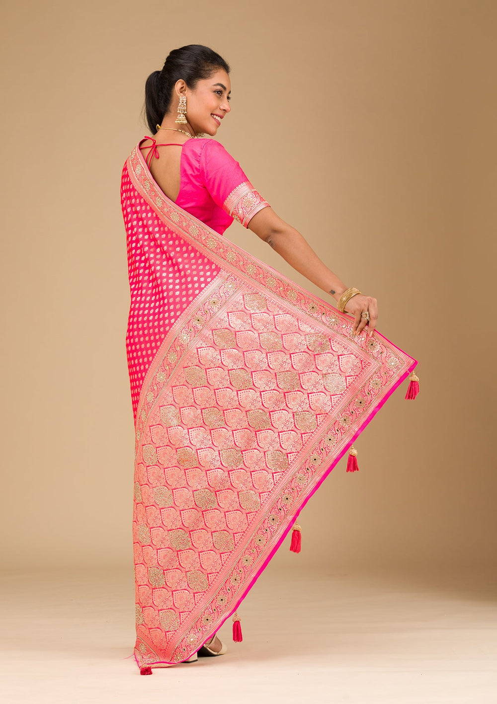 Rani Pink Stonework Art Silk Saree-Koskii
