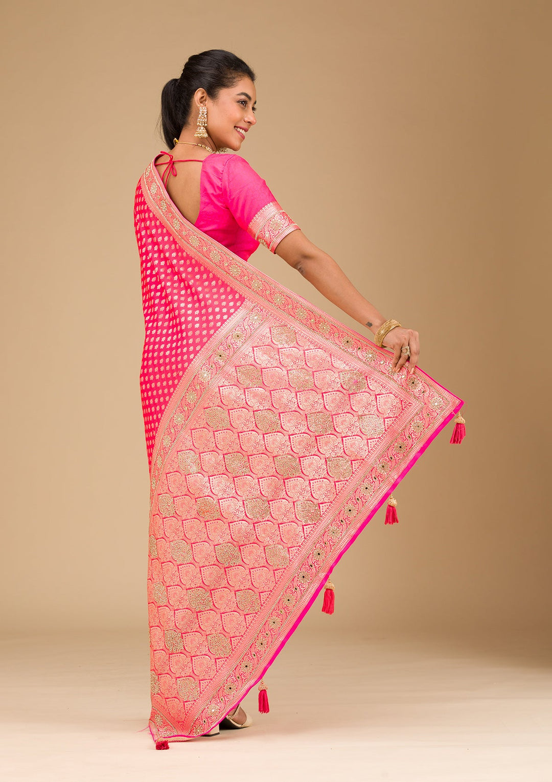 Rani Pink Stonework Art Silk Saree-Koskii