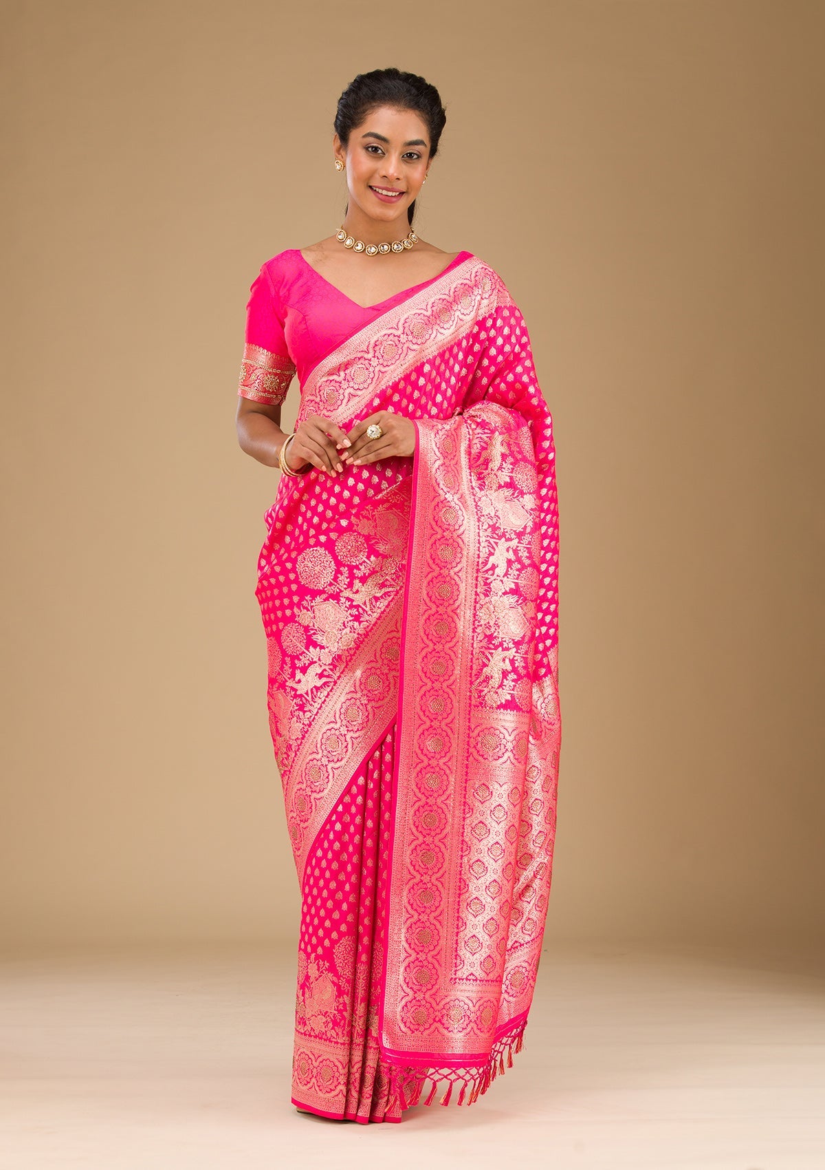 Rani Pink Stonework Art Silk Saree-Koskii