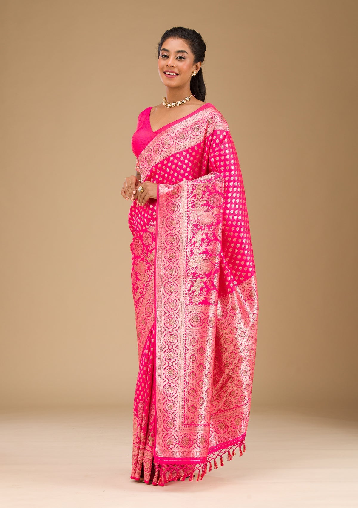 Rani Pink Stonework Art Silk Saree-Koskii