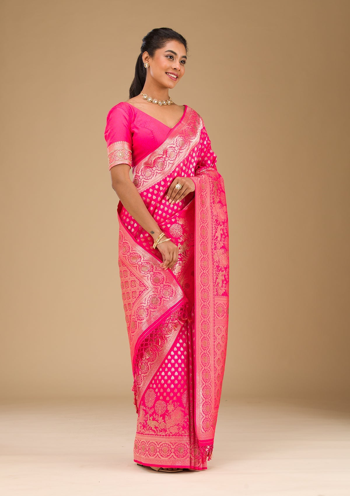 Rani Pink Stonework Art Silk Saree-Koskii