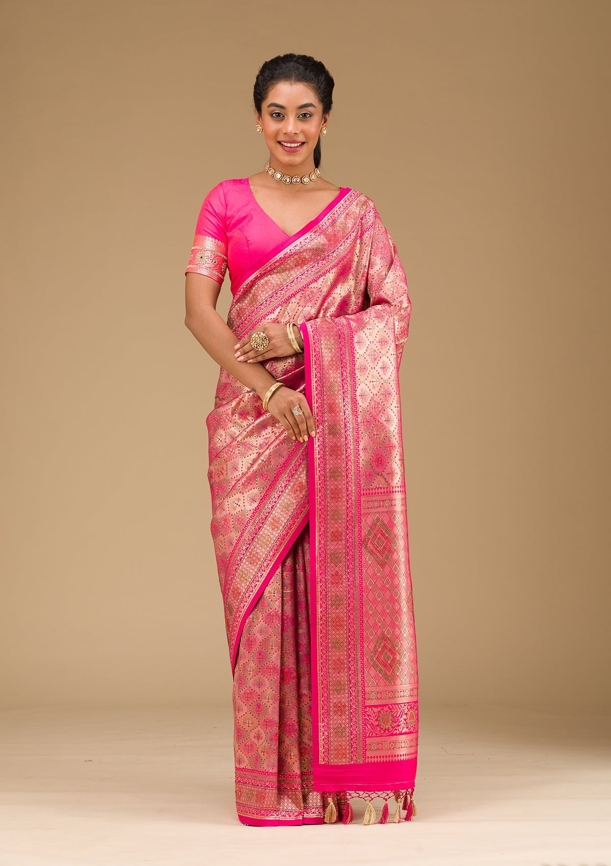 Rani Pink Swarovski Raw Silk Saree-Koskii