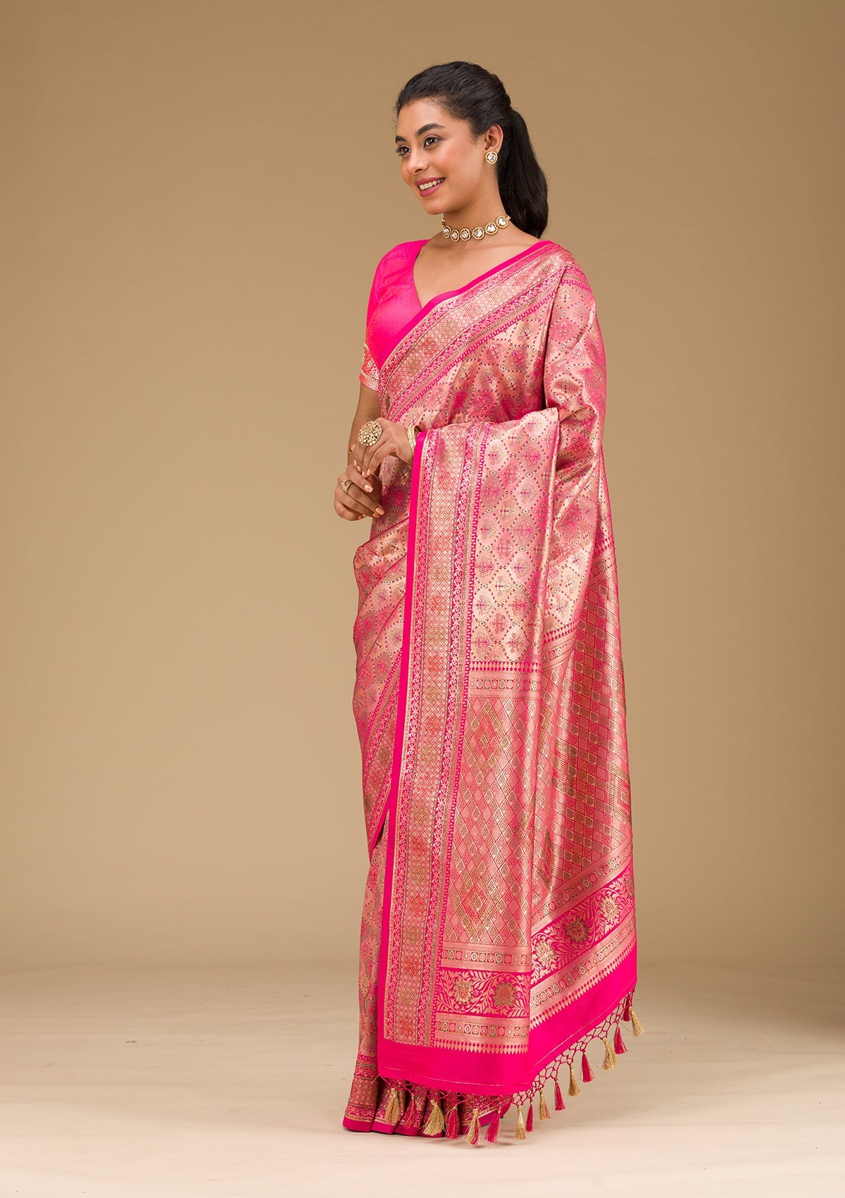 Rani Pink Swarovski Raw Silk Saree-Koskii