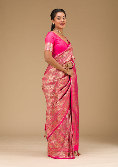 Rani Pink Swarovski Raw Silk Saree-Koskii