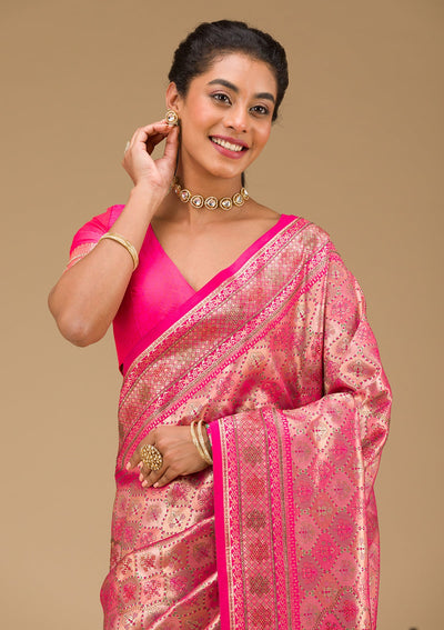 Rani Pink Swarovski Raw Silk Saree-Koskii