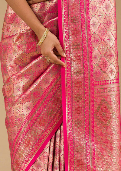 Rani Pink Swarovski Raw Silk Saree-Koskii