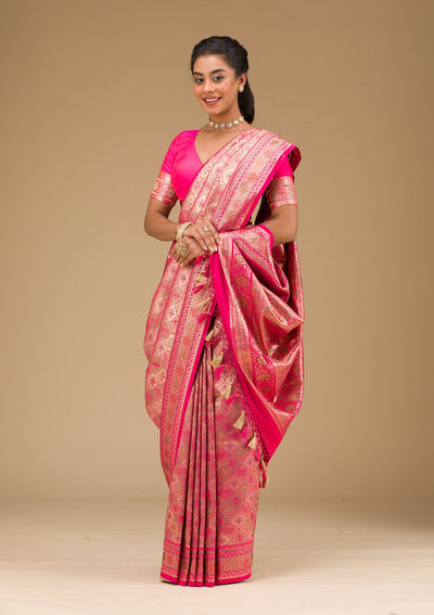 Rani Pink Swarovski Raw Silk Saree-Koskii