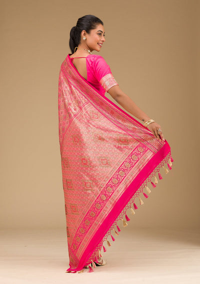 Rani Pink Swarovski Raw Silk Saree-Koskii