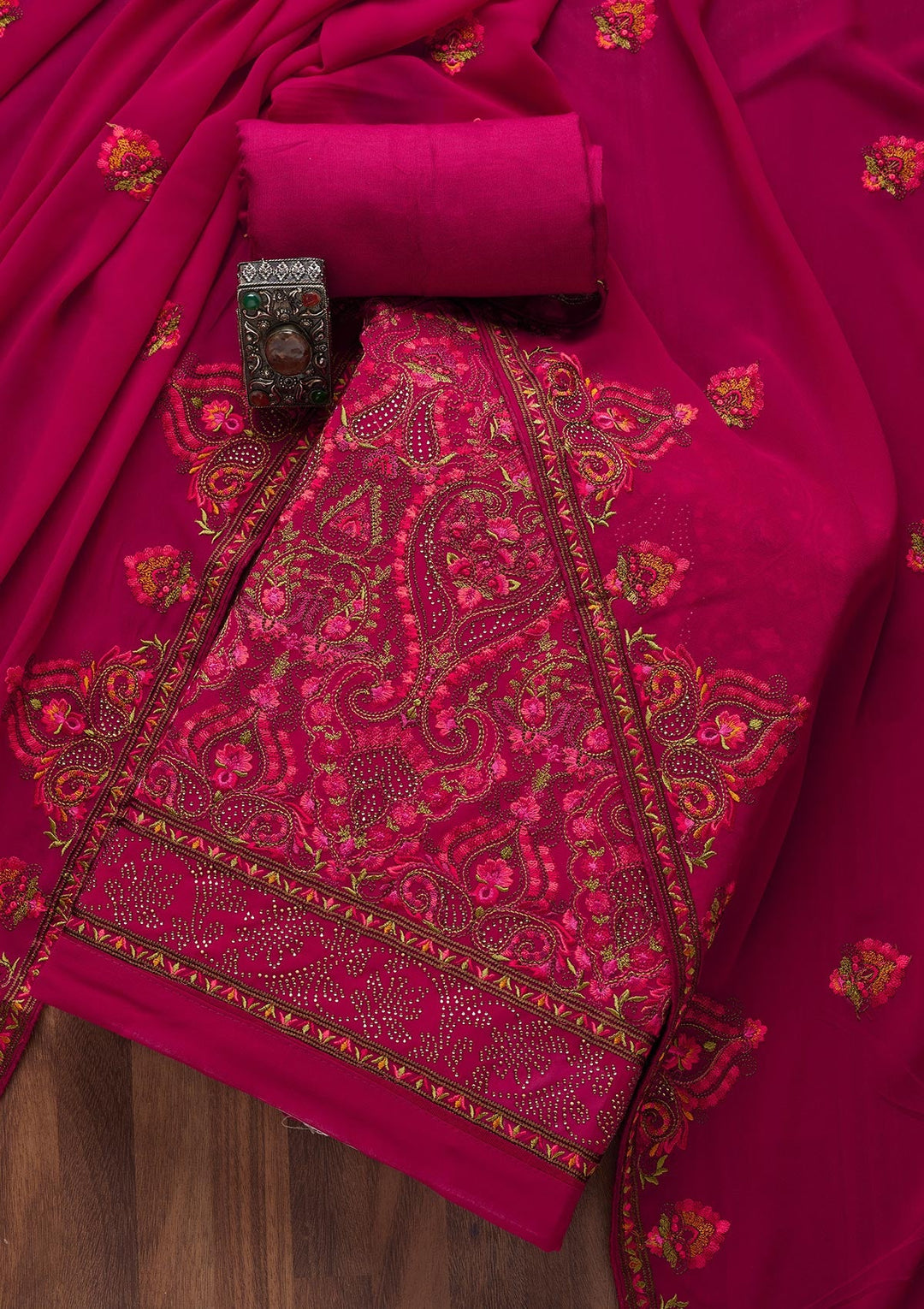 Rani Pink Threadwork Georgette Semi-Stitched SalwarKameez- Koskii