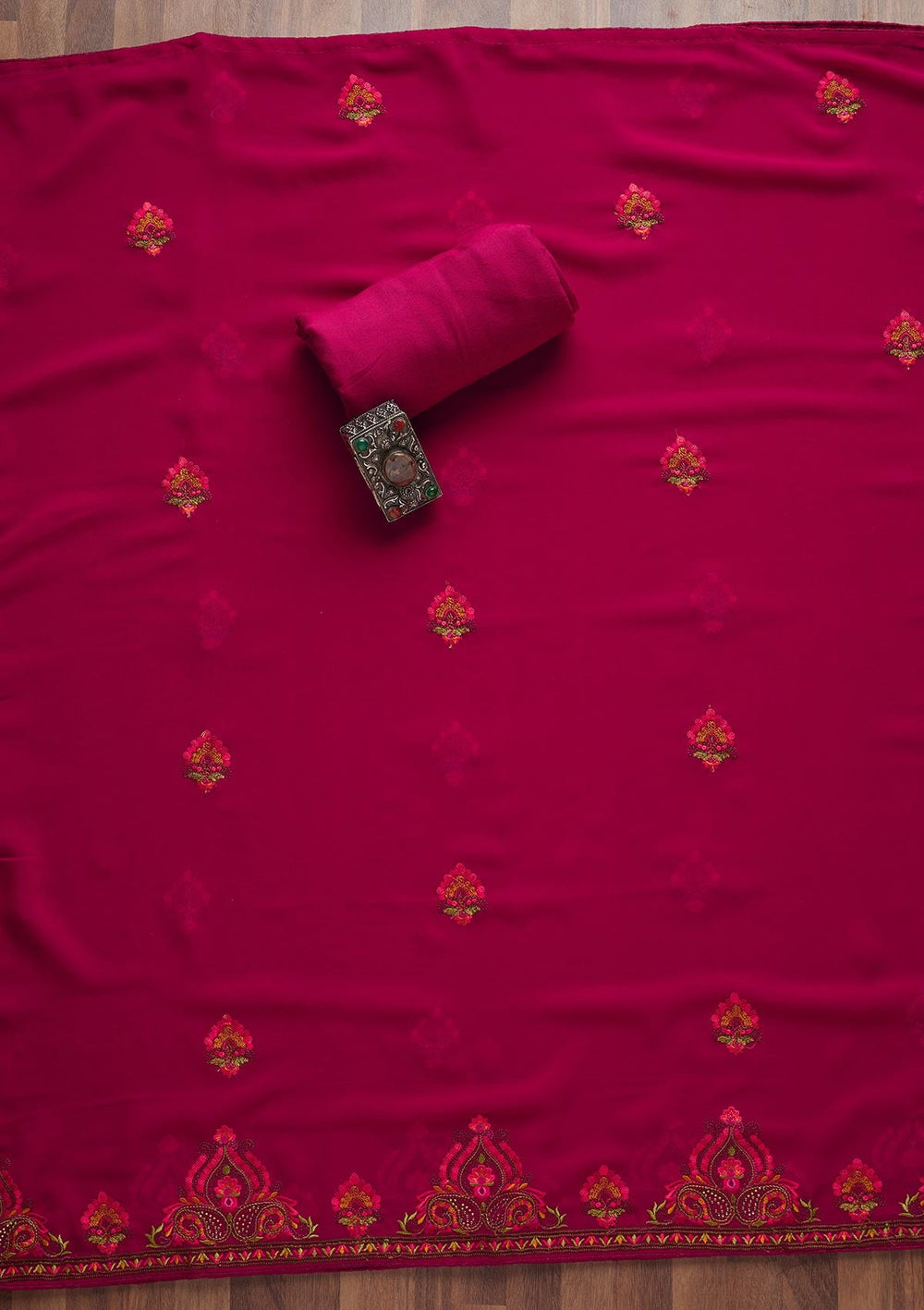 Rani Pink Threadwork Georgette Semi-Stitched SalwarKameez - Koskii